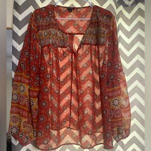 Women’s sheer, long sleeve blouse with cinched sleeves.